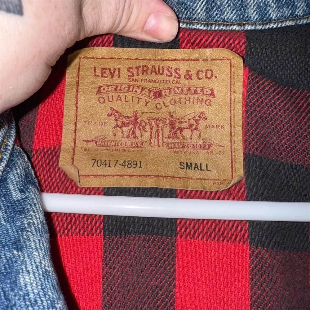Levi's Men's Vintage, Blokecore Trucker Jacket S Blue Buffalo Plaid Lined Denim‎ - Picture 6 of 7